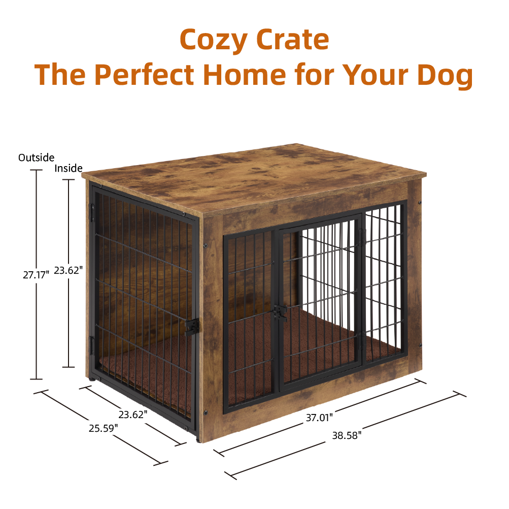 Dog Crate Furniture With Cushion, Wooden Dog Kennel Furniture, Heavy Duty Dog Cage, 40" Dog Kennel With Double Doors, Dog Crates For Large Dogs, Rustic Brown, L_voghion.com